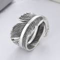 wholesale S925 Sterling Silver Retro Feather Ring for Men, Trendy and Unique Indigenous-inspired Adjustable Index Finger Ring-0-1