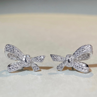 wholesale S925 Sterling Silver Bow Stud Earrings, Korean and Japanese Fresh Sweet Ins Style, Non-Fading, Full Diamond Zirconia Earrings for Women-White-ED068>925 silver