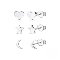wholesale S925 Sterling Silver Small Geometric Heart Star Moon Set Earrings, Minimalist European And American Ins Style-Platinum-3 pieces per set