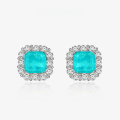 wholesale 925 Silver 2 Carat Synthetic Paraiba 7*7 Earrings Luxuriously Bezel-Set with Full Diamonds-0-0