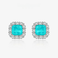 wholesale 925 Silver 2 Carat Synthetic Paraiba 7*7 Earrings Luxuriously Bezel-Set with Full Diamonds-Paraiba【E-0174】 Main Stone 7*7