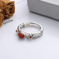 wholesale S925 Sterling Silver Vintage Bohemian Style Ring with Auspicious Cloud and Ruyi Pattern, Openwork and Inlaid with Southern Red Agate-0-2