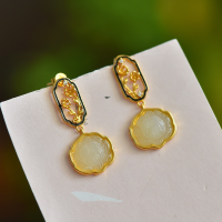 wholesale Black Gold Plated 925 Sterling Silver with Certificate, New Chinese Style National Wind Jade Earrings, Inlaid with Flower and Hetian Jade, Palace Style Ear Accessories-Gold 925 silver