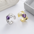wholesale S925 Sterling Silver Korean-style Irregular Lava Foil Open Ring with Purple Zirconia Inlay-0-0