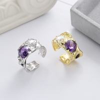 wholesale S925 Sterling Silver Korean-style Irregular Lava Foil Open Ring with Purple Zirconia Inlay-DJ1221 platinum/approx. 5.5g &gt; opening adjustable
