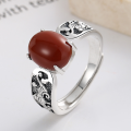 wholesale S925 Sterling Silver Retro Antique Style Classic Open-End Ring with Three-Dimensional Relief Pattern and Inlaid Southern Red Agate-0-2