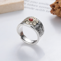wholesale S925 Sterling Silver Creative Retro Wide Band Six-Character Mantra Ring Inlaid with Southern Red Agate, Bold Ethnic Style-0-1