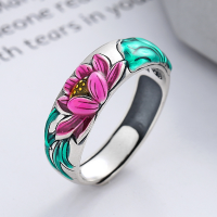 wholesale S925 Sterling Silver Retro Antique Style Enamel Lotus Flower and Leaf Three-Dimensional Design Pastoral Open Ring-YJ772/approx. 5.8g 925 silver