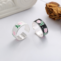 wholesale S925 Sterling Silver Drip Glaze Colored Tulip Flower Adjustable Ring, French Fresh Sweet Princess Fairy Style-0-0