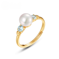 wholesale S925 Sterling Silver Gold-Plated New Fashion Minimalist Sky Blue Topaz Ring French Retro Pearl Ring-10K gold + swimming paint Adjustable opening
