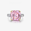 wholesale S925 Silver European and American Luxury Square Simulated Diamond 7-Carat Ring Pink 12*12 Pagoda Cut-0-0