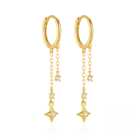 wholesale 925 Sterling Silver Zircon-studded Flower Four-pointed Star Tassel Ear Clasp-Gold#3 925 Silver