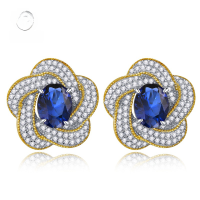 wholesale Metal material, Mu Jing Jewelry's new flower earring design inlaid with 6*8 sapphire, vintage style, drop shipping-E009 Blue Diamond 925 Silver