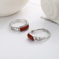 wholesale S925 Sterling Silver Creative Leaf Hollow-Out Design Ring Holder with Southern Red Rectangular Ethnic Style Open Ring-0-1