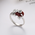 wholesale S925 Sterling Silver Retro Antique South Red Agate Auspicious Elephant & Ruyi Ring, Unique and Stylish Design, Small and Trendy, Versatile-0-0