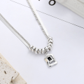 wholesale S925 Sterling Silver Double-layer Snake Chain with Irregular Square Black Zircon Pendant Necklace, Hip-hop Cool Internet Celebrity Style-0-2