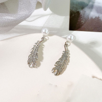 wholesale Sterling Silver Feather Earrings for Women Full of Diamonds Pearl Earrings Super Fairy Earrings with Silver Ear Posts Wholesale-xb137-white gold