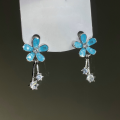 wholesale S925 Sterling Silver Forest-style Blue Five-petal Floral Sweet Maiden Earrings with Diamond Accents and Delicate Tassel Drop Earrings G7509-0-0