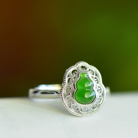 wholesale 925 Silver New Chinese Palace Style Jade Openable Women's Ring with Gourd Fu Lu Openwork Inlay and Hetian Jasper-Silver model Adjustable opening