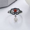 wholesale S925 Sterling Silver Ethnic Style Vintage Matte Enamel Process Inlaid with Southern Red Agate Ruyi Ring-0-1
