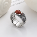 wholesale S925 Sterling Silver Retro Swastika Mantra Wide Band Inlaid with Southern Red Agate Relief Pattern Adjustable Ring-0-0