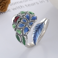 wholesale S925 Sterling Silver Vintage Resin Enamel Craft Artistic Floral Leaf Ethnic Style Colorful Adjustable Ring-YFJ655 about 5.8 grams 925 silver