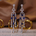 wholesale [] 925 Silver Gold-Plated Lab-Grown Sapphire Earrings for Women with Fringe, TikTok Live Hot Sale-0-1
