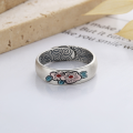 wholesale S925 Sterling Silver Ethnic Style Resin Enamel Wide Band Adjustable Ring, Pastoral and Vintage Fashion, Versatile Opening Ring-0-1
