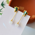 wholesale 925 Silver Gold-Plated Enamel Butterfly Earrings with Hetian Jade Inlay in Retro Chinese Style-0-2