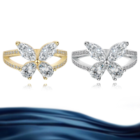 wholesale S925 Sterling Silver Cross-Border Butterfly Marquise Moissanite Ring High-End Mosanite Jewelry Silver Accessories for Women-Waterdrop Moissanite 0.5+0.5/Marseille Moissanite 0.5+0.5 (Silver)  No. 6