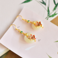 wholesale 925 Silver Gilded with Certificate, Ancient-style Earrings with Inlaid Hetian Jade, Cold Enamel Lotus Princess Clasp, Jade Stone Earrings for Women-0-1