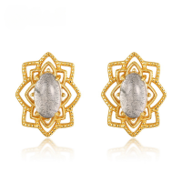 wholesale S925 Sterling Silver Autumn and Winter New Retro Light Luxury Style Labradorite Stud Earrings with Hollow Lace Edge Wholesale Customization-10K gold + swimming paint  925 silver