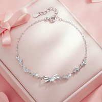 wholesale S925 Sterling Silver Shiny Zircon Bow Bracelet for Women, Versatile Luxury Style, Elegant and Sweet Cute Aesthetic Hand Accessory-Small Diamond Bracelet/Platinum SL010770 Sterling Silver