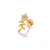 wholesale S925 Sterling Silver Floral Stud Earrings With Cz, Threaded Flat-back For Cartilage And Helix-Single gold