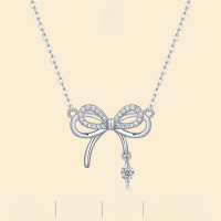 wholesale S925 Silver Powder Pink Sentiment Necklace New Women's Moissanite Collarbone Chain Light Luxury Bow Live Broadcast Best-Selling Necklace-3.0m Moissanite 10 points 925 silver