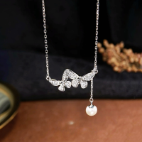 wholesale S925 Sterling Silver Butterfly Tassel Necklace with Pearl for Women, Ins Style Minimalist Luxury Small Design High-End Sense Choker for Wholesale-ins tassel butterfly necklace/approx. 2.5g&gt;TL013051