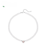 wholesale Metal material, European and American cross-border jewelry vintage imitation pearl multi-layer necklace heart-shaped natural rose quartz light luxury French necklace for women-Natural Rose Quartz &gt;925 Silver