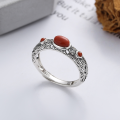 wholesale S925 Sterling Silver Vintage Style Floral Pattern Accented with Southern Red Agate Artistic Open-End Ring-0-0