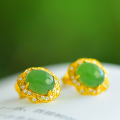 wholesale Gold-Plated 925 Silver with Zircon and Natural Hetian Jasper Inlaid Egg-Surface Jade Earrings-0-0