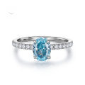 wholesale 925 Sterling Silver with High Carbon Diamond Blue Zircon 6*8mm Oval Radiant Ring for Women, Elegant Style-0-0