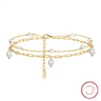 wholesale S925 Sterling Silver Cloud-Pull Jewelry Baroque Pearl Double-Layer Stackable Ankle Bracelet with Paperclip Chain Cross-Border-14K gold + natural pearls  925 silver