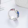 wholesale S990 Sterling Silver Drip Glaze Matte Craft Artistic Ethnic Style Koi Lotus Heart Sutra Adjustable Ring-0-0