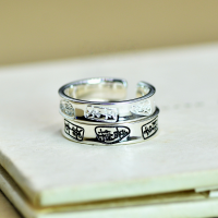 wholesale 925 Sterling Silver Chinese Style Text Wish Blessing Auspicious Words Ring for Women, Vintage Peace and Joy Artistic Adjustable Finger Ring for Men-Old one Adjustable opening