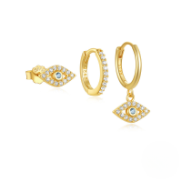 wholesale S925 Sterling Silver Evil Eye Octagram Moon Zircon-encrusted Hoop Earring Set With Classic European Pearls-Set of 3 - Gold #5 925 Silver