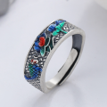 wholesale S925 Sterling Silver Retro Antique Style Resin Lotus Koi Fish Hollow-Out Design Matte Finish Adjustable Ring-0-1