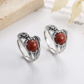 wholesale S925 Sterling Silver Branch Spliced Rose Leaf Style Inlaid with Southern Red Agate Ring Pastoral Wind Ring-0-0