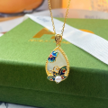 wholesale S925 Sterling Silver Chalcedony Drop Enamel Pearl Butterfly Necklace Fashion National Trend Style Niche Design Collarbone-0-3