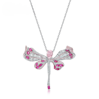 wholesale S925 silver cross-border hot-selling dragonfly-shaped light pink high-carbon diamond pendant fully set with colored diamonds, a unique European and American-style collarbone necklace-Thick silver platinum (excluding chain)  925 silver