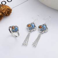wholesale S925 Sterling Silver Retro Ethnic Style Resin Enamel "Fu" Character Koi Fish Hollow-Out Ring / Tassel Earrings-777J/Ring approx. 4.3g >Opening adjustable