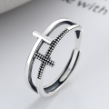 wholesale S925 Sterling Silver Trendy Double Cross Retro Hollow-Out Twist Adjustable Ring Unisex-0-1